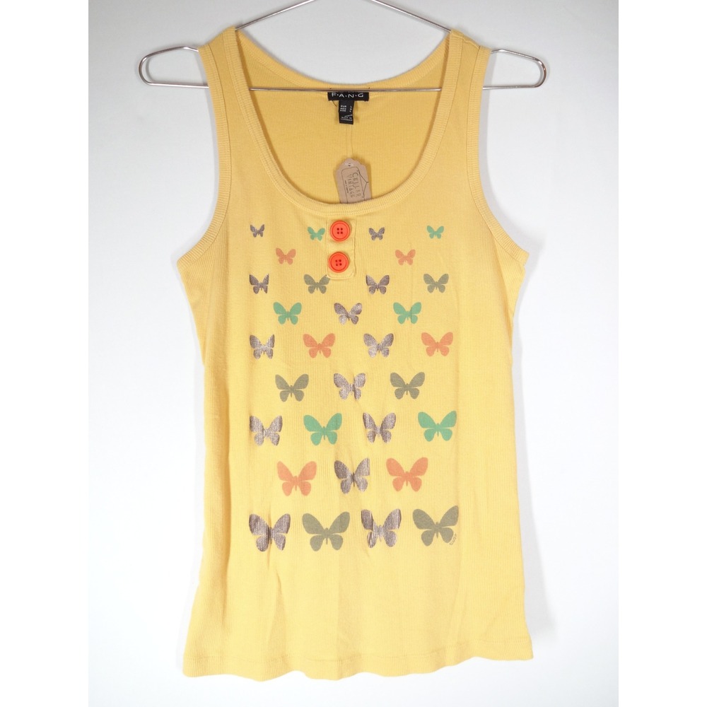 Y2K F.A.N.G Tank Top Large Yellow Butterfly Graphic Ribbed Y2K Butterflycore